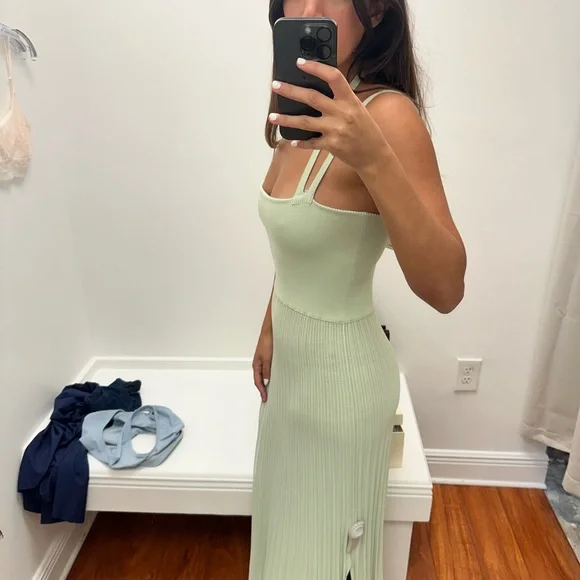 knee length dresses for ladies Parina | Light Green Strappy Volume-Hem Midi Dress
